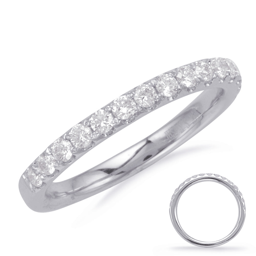 This Band is available in 14K White Gold. There are a total of 11 stones. There are Round with a total carat weight of 0.74 set in a Prong Set setting.