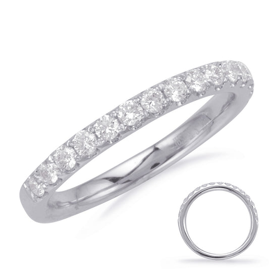 This Band is available in 14K White Gold. There are a total of 11 stones. There are Round with a total carat weight of 0.74 set in a Prong Set setting.