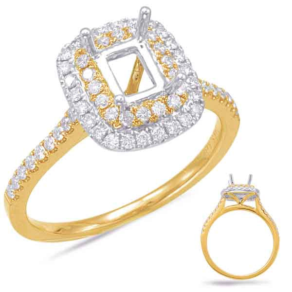 This Engagement Ring  is available in 14K Yellow & White Gold. There are a total of 62 stones. There are Rounds with a total carat weight of 0.43 set in a Micro Prong setting.