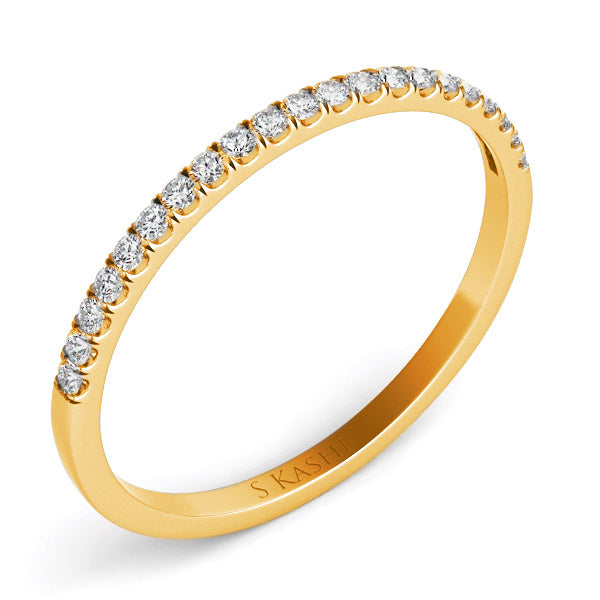 This Band is available in 14K Yellow Gold. There are a total of 21 stones. There are Round with a total carat weight of 0.14 set in a Micro Prong setting.
