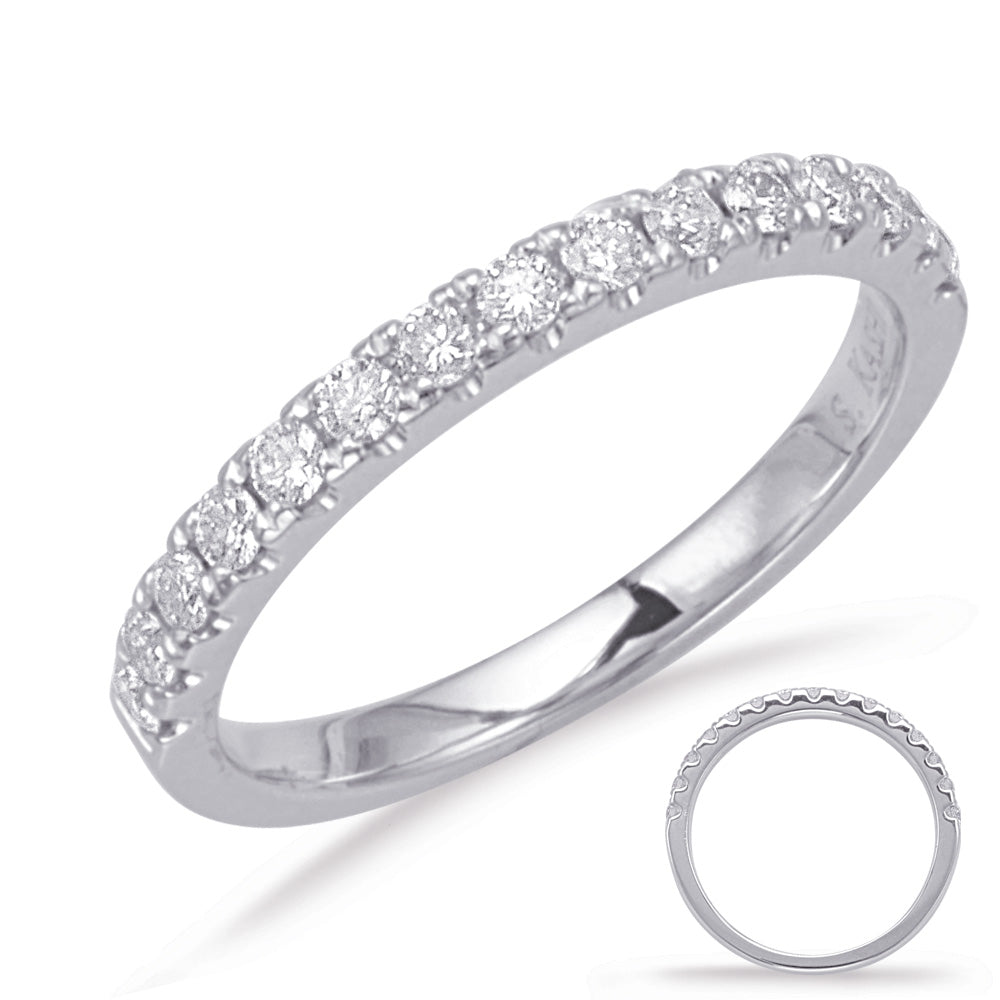 This Band is available in 14K White Gold. There are a total of 15 stones. There are Round with a total carat weight of 0.34 set in a Prong Set setting.