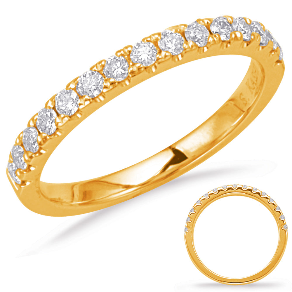 This Band is available in 14K Yellow Gold. There are a total of 15 stones. There are Round with a total carat weight of 0.34 set in a Prong Set setting.