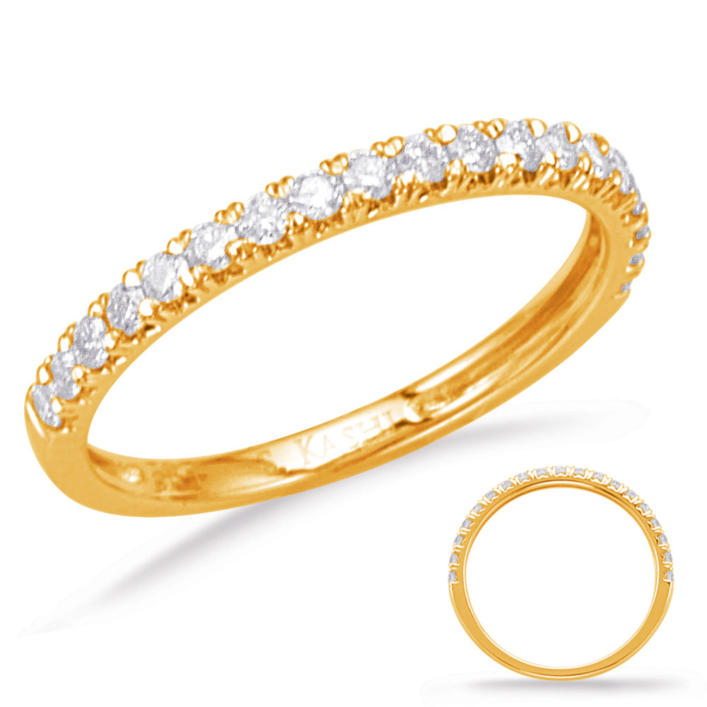 This Band is available in 14K Yellow Gold. There are a total of 19 stones. There are Round with a total carat weight of 0.25 set in a Prong Set setting.