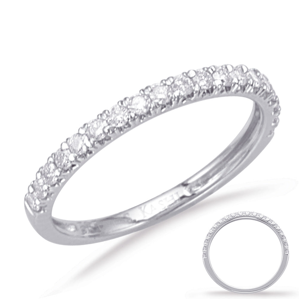 This Band is available in 14K White Gold. There are a total of 17 stones. There are Round with a total carat weight of 0.25 set in a Prong Set setting.