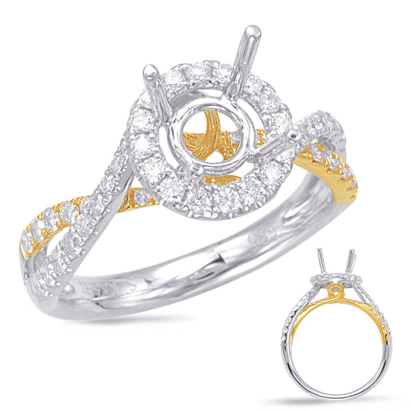 This Engagement Ring  is available in 14K Yellow & White Gold. There are a total of 50 stones. There are Rounds with a total carat weight of 0.56 set in a Micro Prong setting.