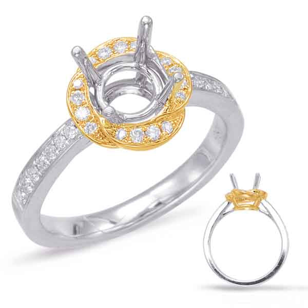 This Engagement Ring  is available in 14K Yellow & White Gold. There are a total of 30 stones. There are Rounds with a total carat weight of 0.22 set in a Micro Pave setting.