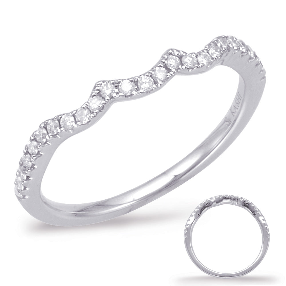 This Band is available in 14K White Gold. There are a total of 25 stones. There are Round with a total carat weight of 0.17 set in a Micro Prong setting.