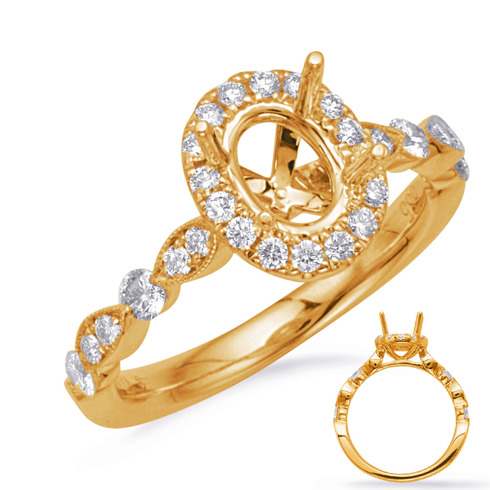 This Engagement Ring  is available in 14K Yellow Gold. There are a total of 26 stones. There are Rounds with a total carat weight of 0.41 set in a Micro Pave|Prong Set setting.