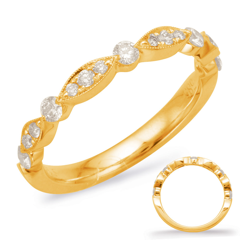This Band is available in 14K Yellow Gold. There are a total of 15 stones. There are Round with a total carat weight of 0.39 set in a Micro Prong|Prong Set setting.