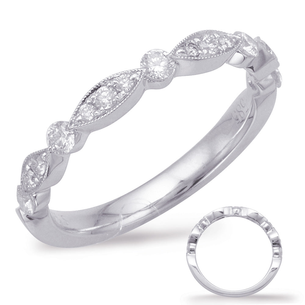 This Band is available in 14K White Gold. There are a total of 15 stones. There are Round with a total carat weight of 0.47 set in a Micro Prong|Prong Set setting.