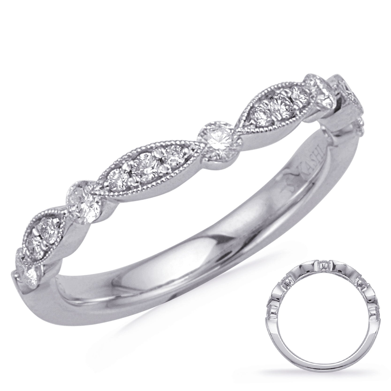 This Band is available in 14K White Gold. There are a total of 15 stones. There are Round with a total carat weight of 0.39 set in a Channel Set|Prong Set setting.