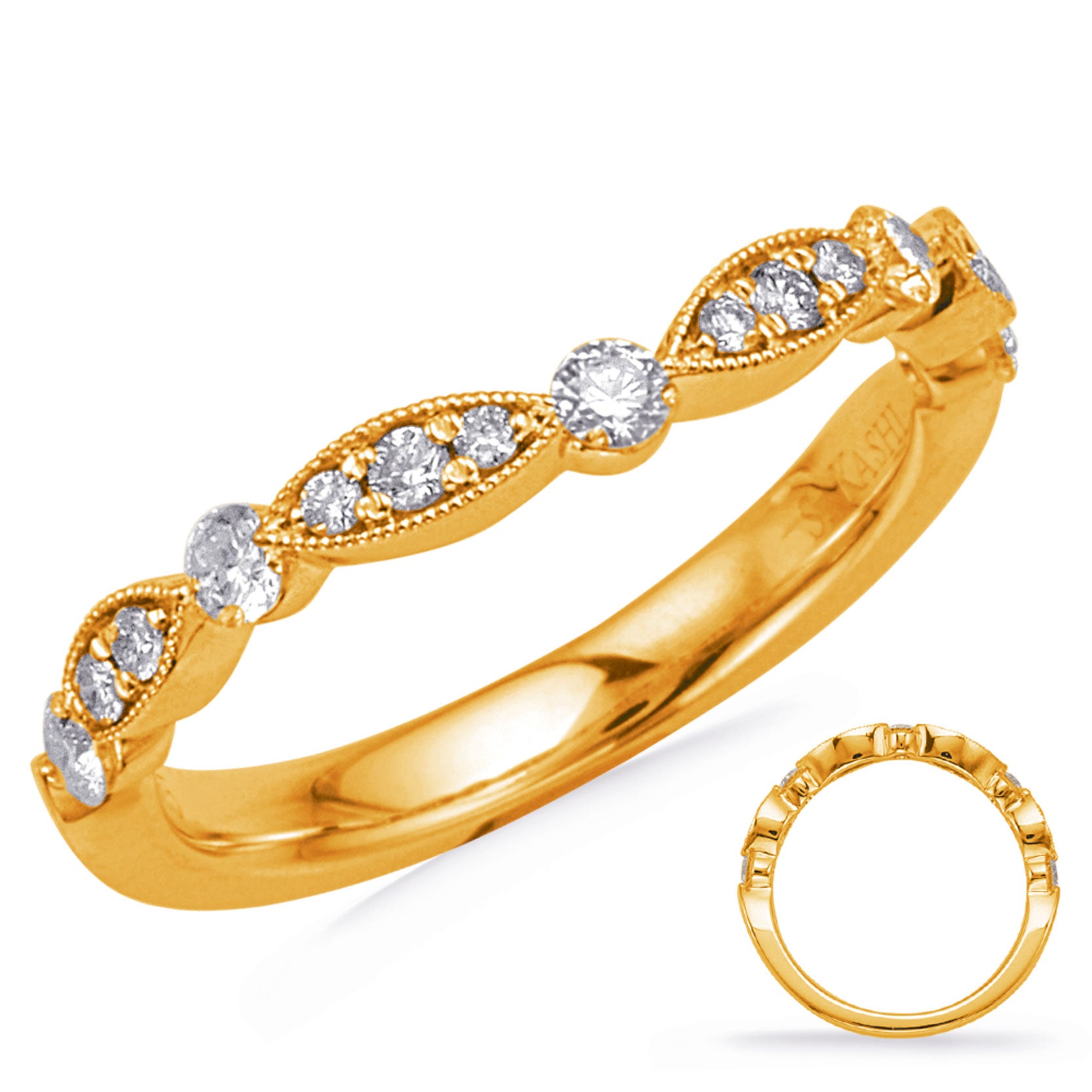 This Band is available in 14K Yellow Gold. There are a total of 15 stones. There are Round with a total carat weight of 0.35 set in a Micro Pave|Prong Set setting.