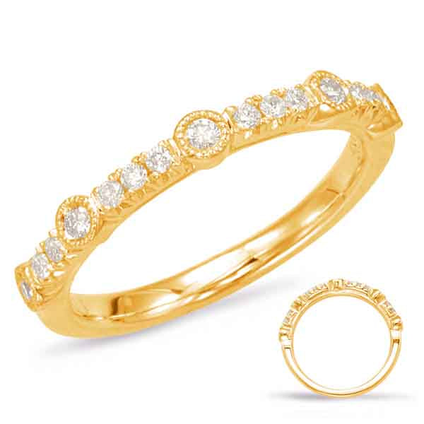 This Band is available in 14K Yellow Gold. There are a total of 15 stones. There are Round with a total carat weight of 0.22 set in a Bezel Set|Prong Set setting.