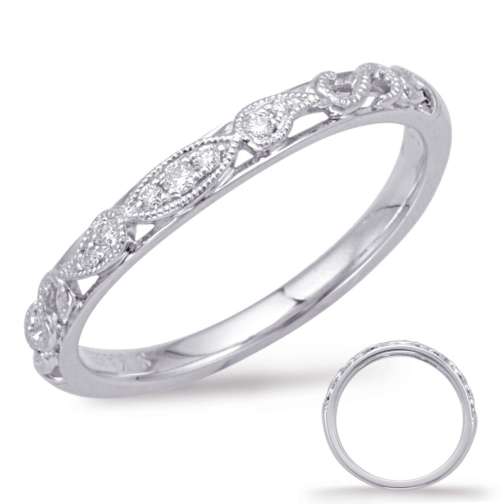 This Band is available in 14K White Gold. There are a total of 7 stones. There are Round with a total carat weight of 0.05 set in a Bezel Set|Micro Pave setting.