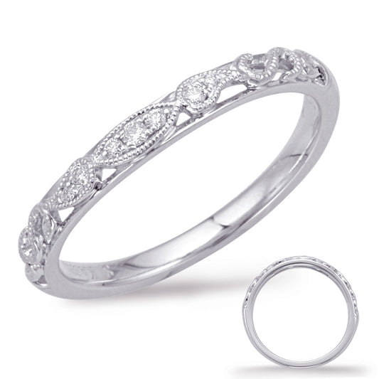 This Band is available in 14K White Gold. There are a total of 7 stones. There are Round with a total carat weight of 0.05 set in a Bezel Set|Micro Pave setting.