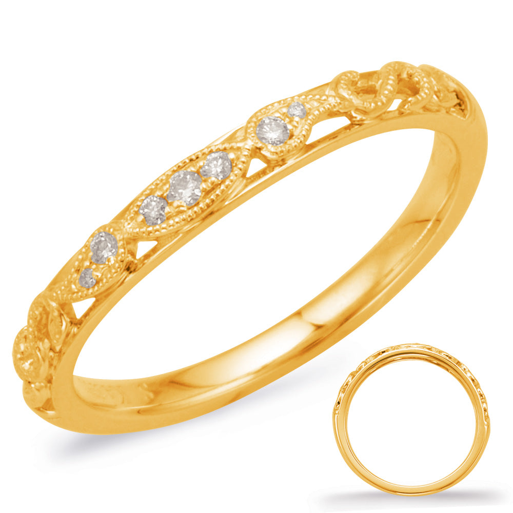 This Band is available in 14K Yellow Gold. There are a total of 7 stones. There are Round with a total carat weight of 0.05 set in a Bezel Set|Micro Pave setting.