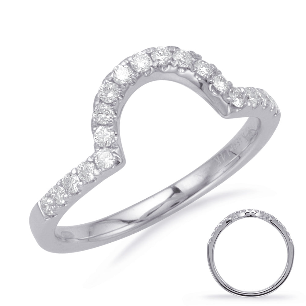 This Band is available in 14K White Gold. There are a total of 19 stones. There are Round with a total carat weight of 0.25 set in a Prong Set setting.