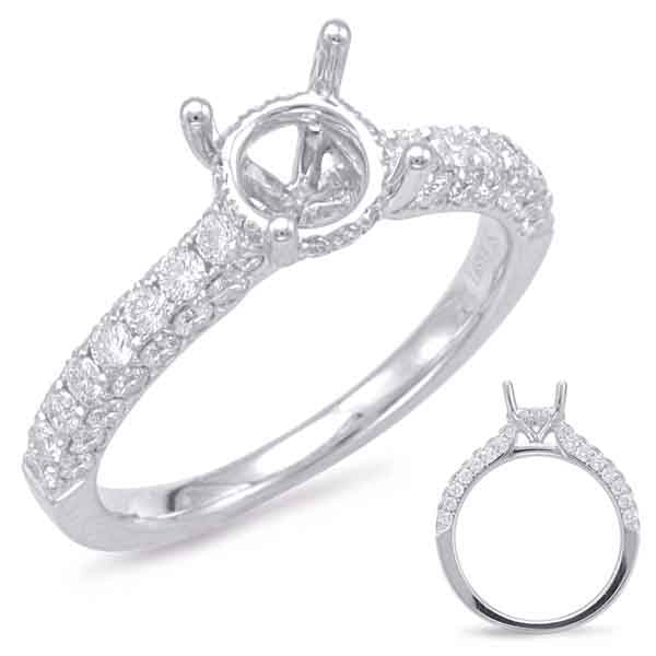 This Engagement Ring  is available in 14K White Gold. There are a total of 60 stones. There are Rounds with a total carat weight of 0.77 set in a Micro Prong|Prong Set setting.