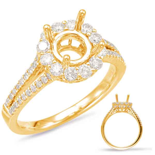 This Engagement Ring  is available in 14K Yellow Gold. There are a total of 62 stones. There are Rounds with a total carat weight of 0.72 set in a Micro Prong|Prong Set setting.