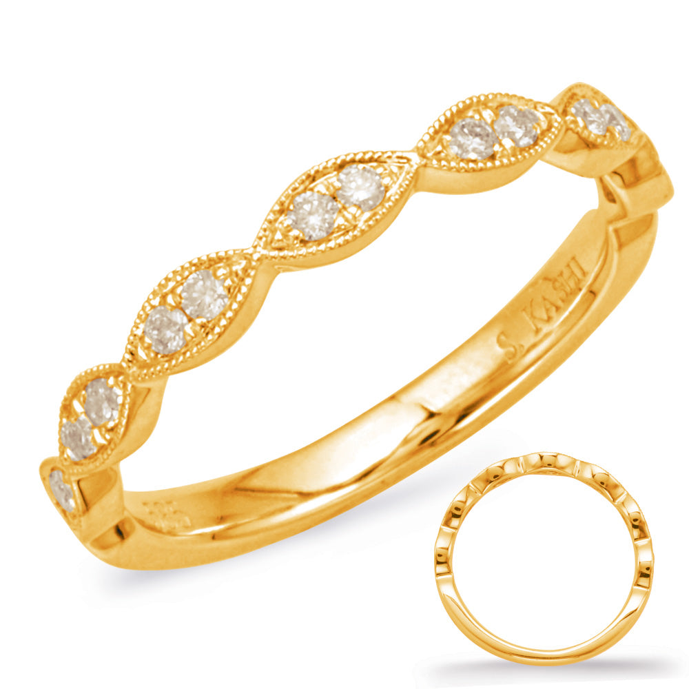 This Band is available in 14K Yellow Gold. There are a total of 14 stones. There are Round with a total carat weight of 0.17 set in a Micro Pave|Micro Prong setting.