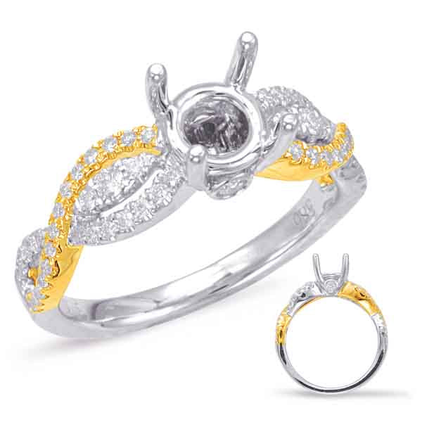 This Engagement Ring  is available in 14K Yellow & White Gold. There are a total of 60 stones. There are Rounds with a total carat weight of 0.33 set in a Bezel Set|Micro Prong setting.