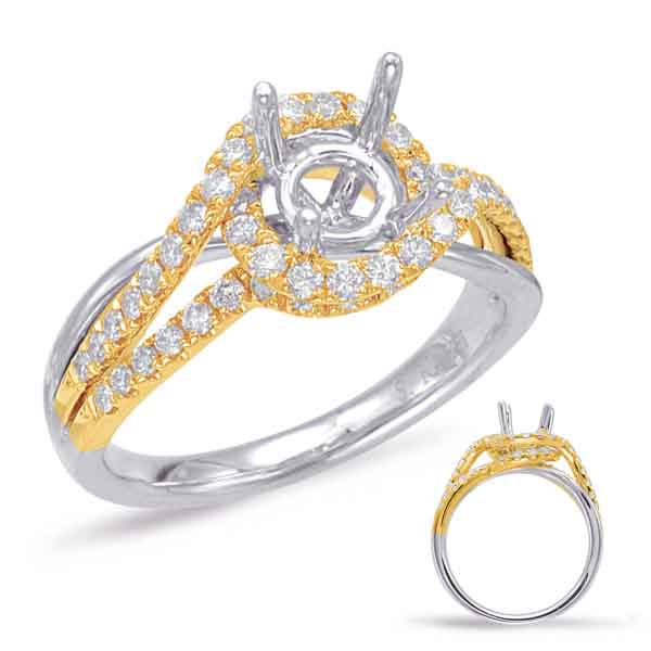 This Engagement Ring  is available in 14K Yellow & White Gold. There are a total of 54 stones. There are Rounds with a total carat weight of 0.52 set in a Micro Prong setting.