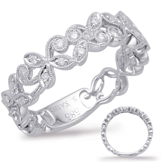 This Band is available in 14K White Gold. There are a total of 21 stones. There are Round with a total carat weight of 0.15 set in a Bezel Set|Micro Prong setting.