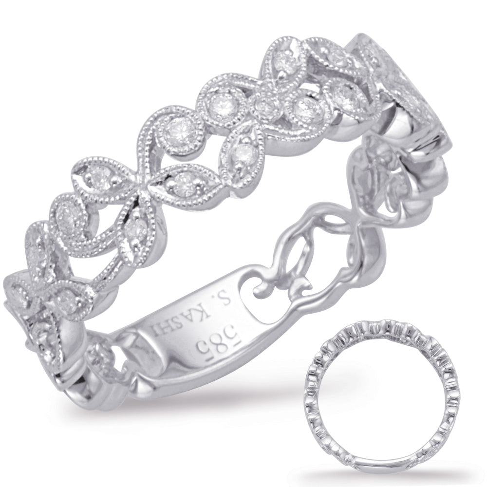 This Band is available in 14K White Gold. There are a total of 21 stones. There are Round with a total carat weight of 0.15 set in a Bezel Set|Micro Prong setting.