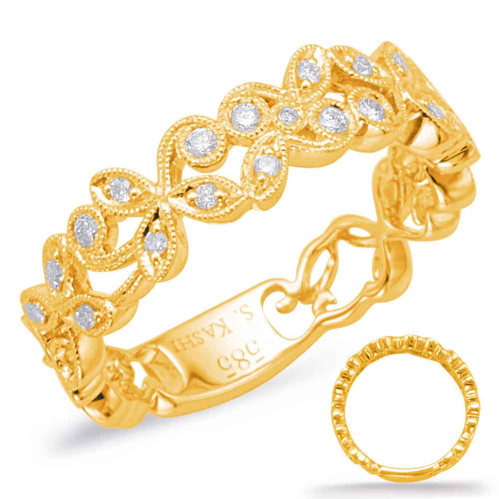 This Band is available in 14K Yellow Gold. There are a total of 21 stones. There are Round with a total carat weight of 0.15 set in a Bezel Set|Micro Prong setting.