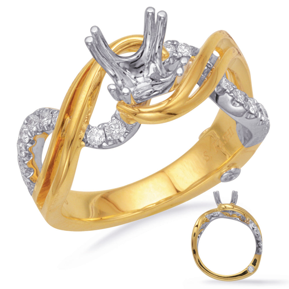 This Engagement Ring  is available in 14K Yellow & White Gold. There are a total of 20 stones. There are Rounds with a total carat weight of 0.3 set in a Bezel Set|Micro Prong setting.