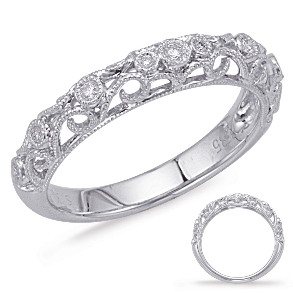 This Band is available in 14K White Gold. There are a total of 9 stones. There are Round with a total carat weight of 0.09 set in a Bezel Set setting.