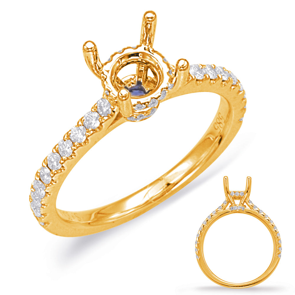 This Engagement Ring  is available in 14K Yellow Gold. There are a total of 39 stones. There are Rounds with a total carat weight of 0.36 set in a Micro Prong setting.There are Sapphire stones with a total carat weight of 0.05 set in a Micro Prong.