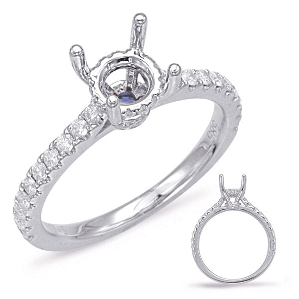This Engagement Ring  is available in 14K White Gold. There are a total of 39 stones. There are Rounds with a total carat weight of 0.44 set in a Micro Prong setting.There are Sapphire stones with a total carat weight of 0.05 set in a Micro Prong.