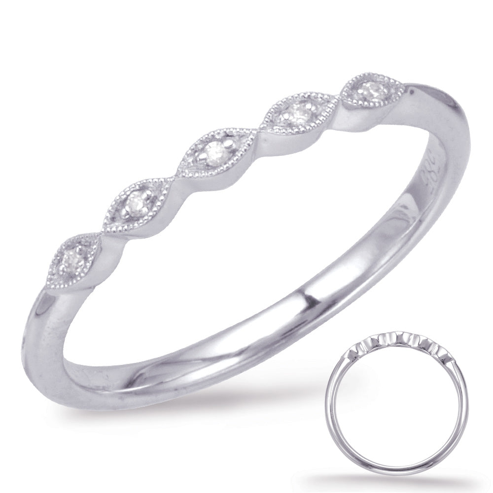 This Band is available in 14K White Gold. There are a total of 5 stones. There are Round with a total carat weight of 0.03 set in a Micro Prong setting.
