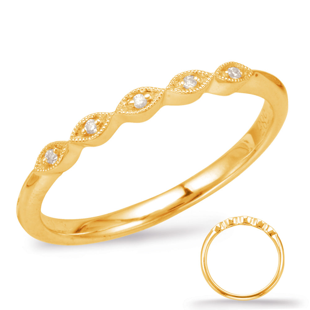 This Band is available in 14K Yellow Gold. There are a total of 5 stones. There are Round with a total carat weight of 0.03 set in a Micro Prong setting.
