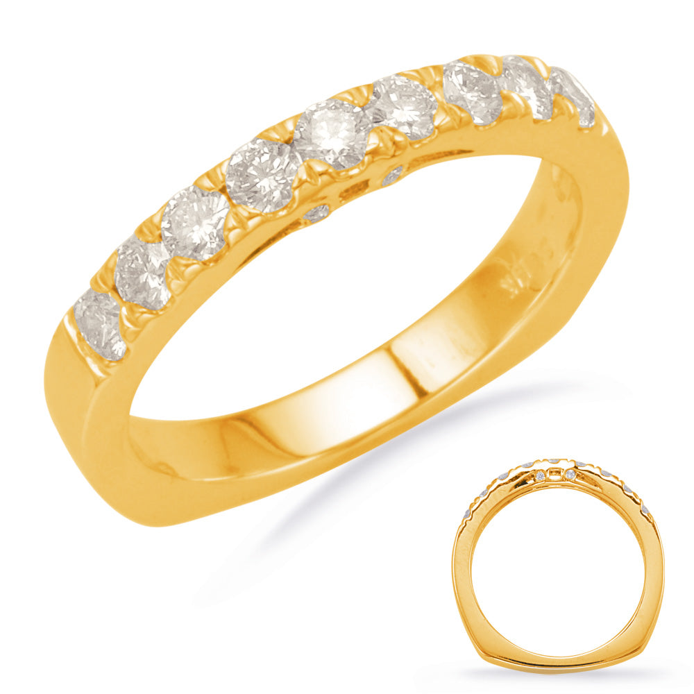This Band is available in 14K Yellow Gold. There are a total of 13 stones. There are Round with a total carat weight of 0.58 set in a Bezel Set|Prong Set setting.