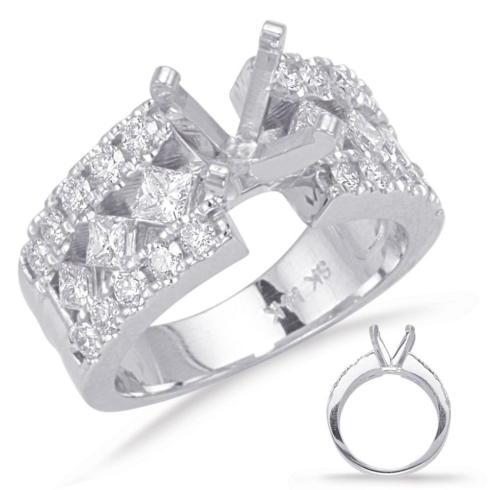 This Engagement Ring  is available in 14K White Gold. There are a total of 26 stones. There are Princess with a total carat weight of 0.66 set in a Channel Set|Micro Prong setting.There are Rounds stones with a total carat weight of 0.67 set in a Channel Set|Micro Prong.