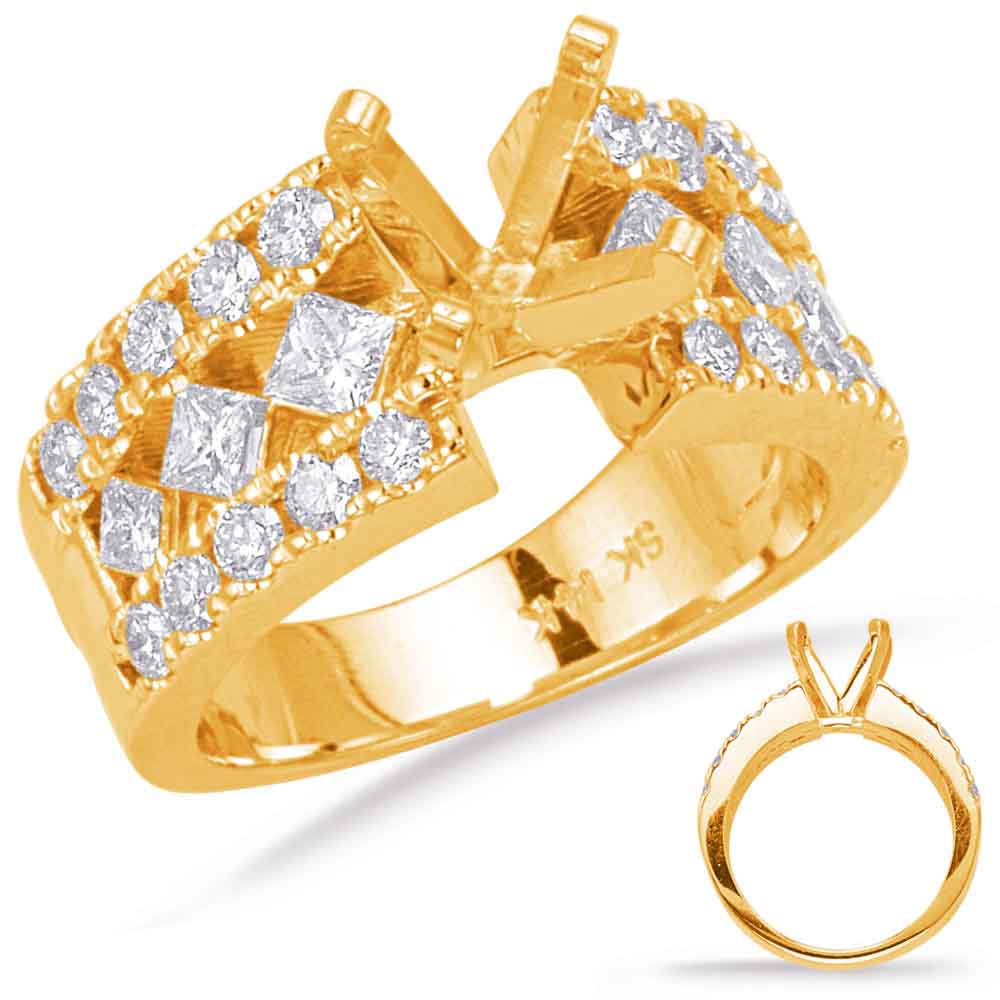 This Engagement Ring  is available in 14K Yellow Gold. There are a total of 26 stones. There are Princess with a total carat weight of 0.66 set in a Channel Set|Micro Prong setting.There are Rounds stones with a total carat weight of 0.67 set in a Channel Set|Micro Prong.