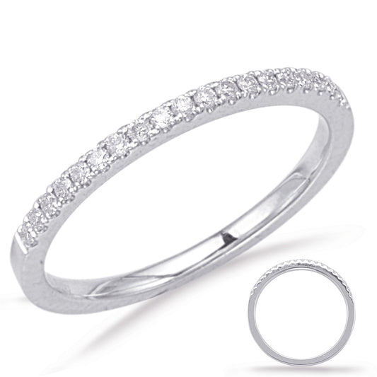 This Band is available in 14K White Gold. There are a total of 19 stones. There are Round with a total carat weight of 0.15 set in a Micro Prong setting.
