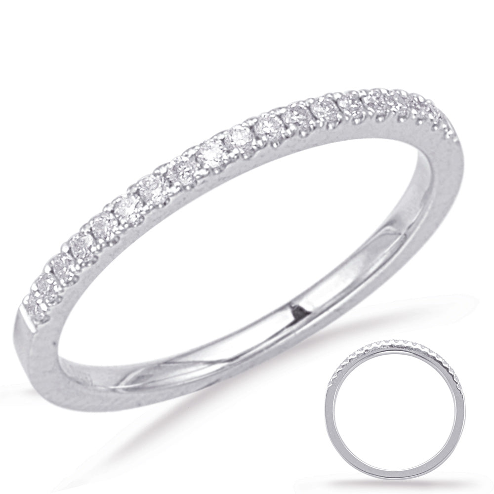 This Band is available in 14K White Gold. There are a total of 19 stones. There are Round with a total carat weight of 0.15 set in a Micro Prong setting.