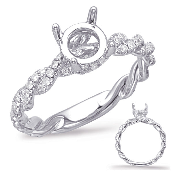 This Engagement Ring  is available in 14K White Gold. There are a total of 104 stones. There are Rounds with a total carat weight of 0.5 set in a Micro Pave setting.