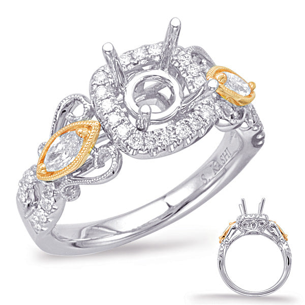 This Engagement Ring  is available in 14K Yellow & White Gold. There are a total of 38 stones. There are Rounds with a total carat weight of 0.51 set in a Micro Prong|Prong Set setting.