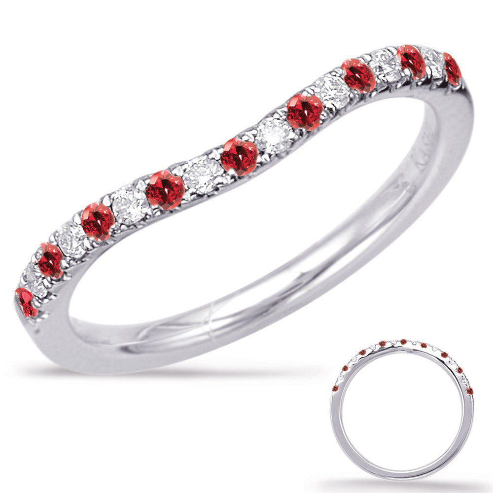 This Gem Stone Ring is available in 14K White Gold. There are a total of 17 stones. There are Rounds with a total carat weight of 0.11 set in a Micro Pave|Prong Set setting.There are Ruby stones with a total carat weight of 0.18 set in a Micro Pave|Prong Set.