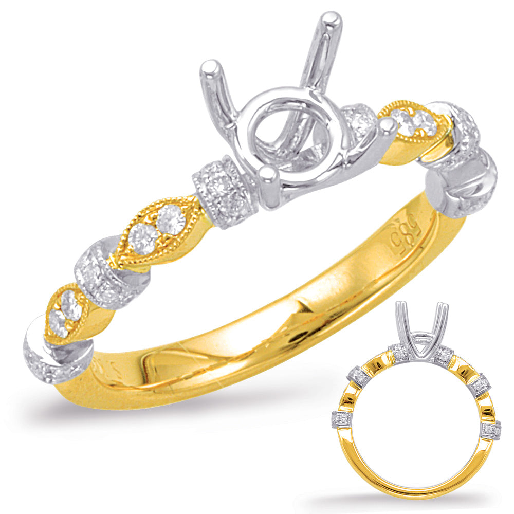This Engagement Ring  is available in 14K Yellow & White Gold. There are a total of 38 stones. There are Rounds with a total carat weight of 0.19 set in a Micro Pave|Micro Prong|Shared Prongs setting.