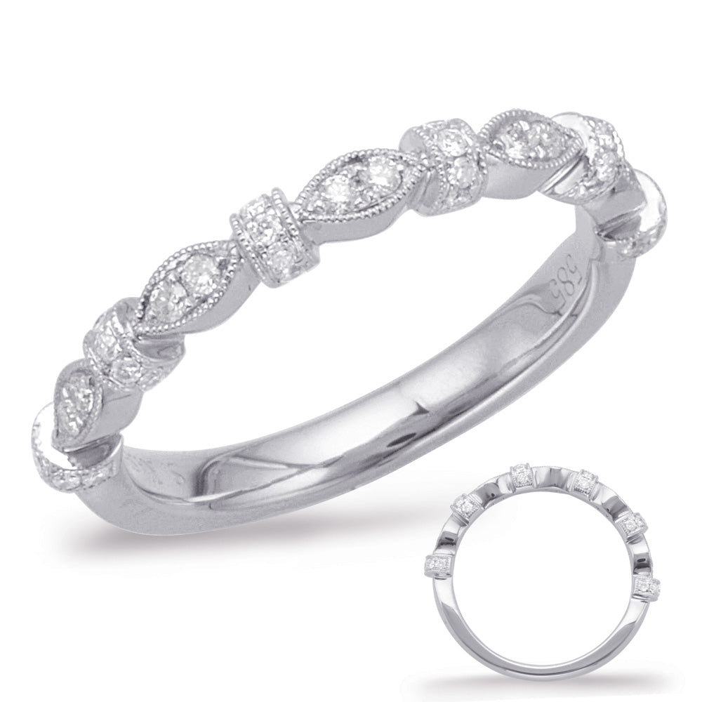 This Band is available in 14K White Gold. There are a total of 40 stones. There are Round with a total carat weight of 0.16 set in a Micro Prong setting.