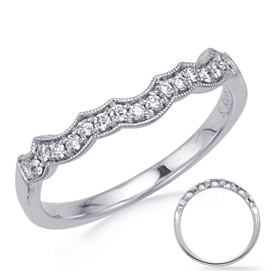 This Band is available in 14K White Gold. There are a total of 16 stones. There are Round with a total carat weight of 0.15 set in a Bezel Set|Micro Prong setting.