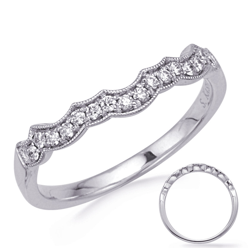 This Band is available in 14K White Gold. There are a total of 16 stones. There are Round with a total carat weight of 0.15 set in a Bezel Set|Micro Prong setting.