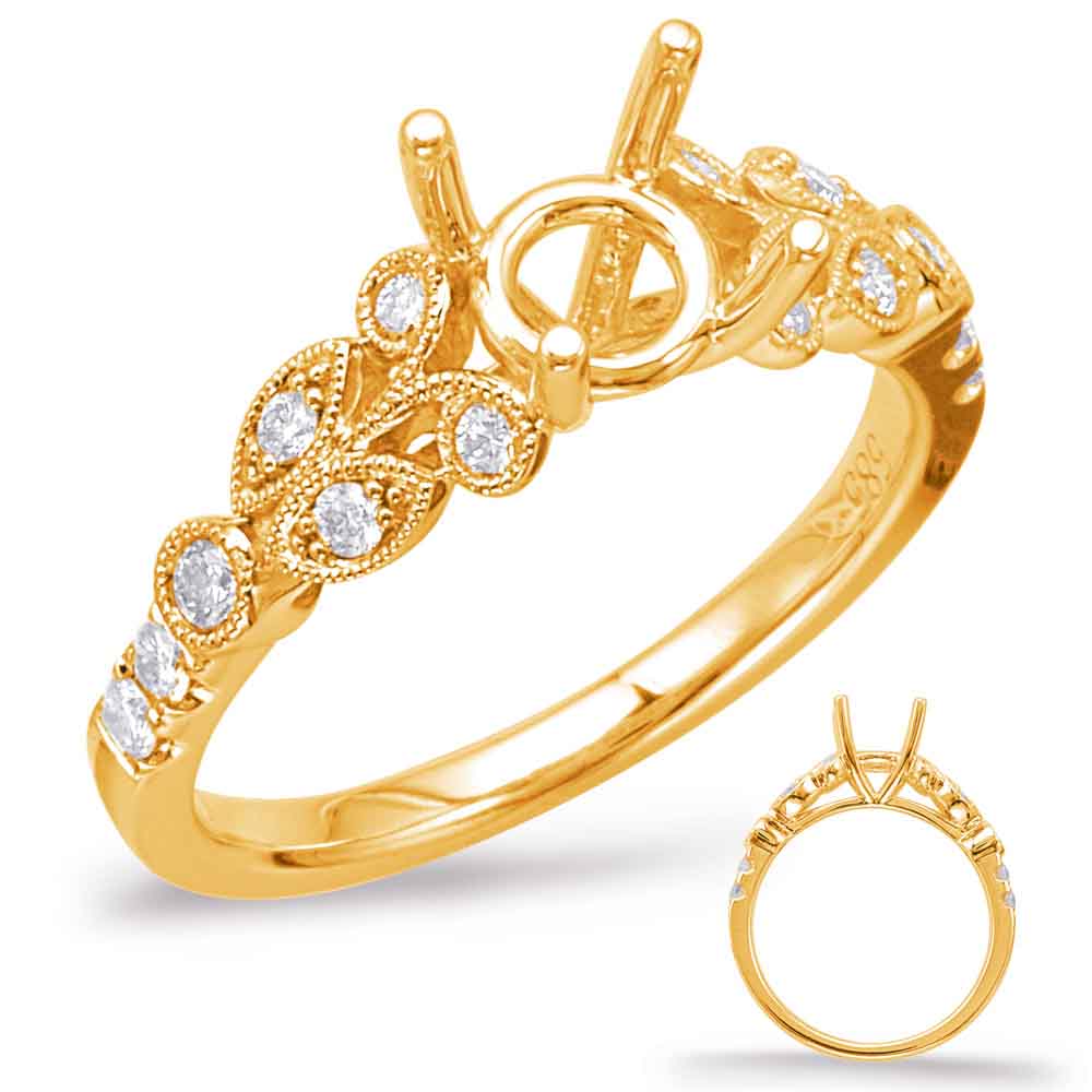 This Engagement Ring  is available in 14K Yellow Gold. There are a total of 14 stones. There are Rounds with a total carat weight of 0.17 set in a Bezel Set|Micro Prong|Prong Set setting.