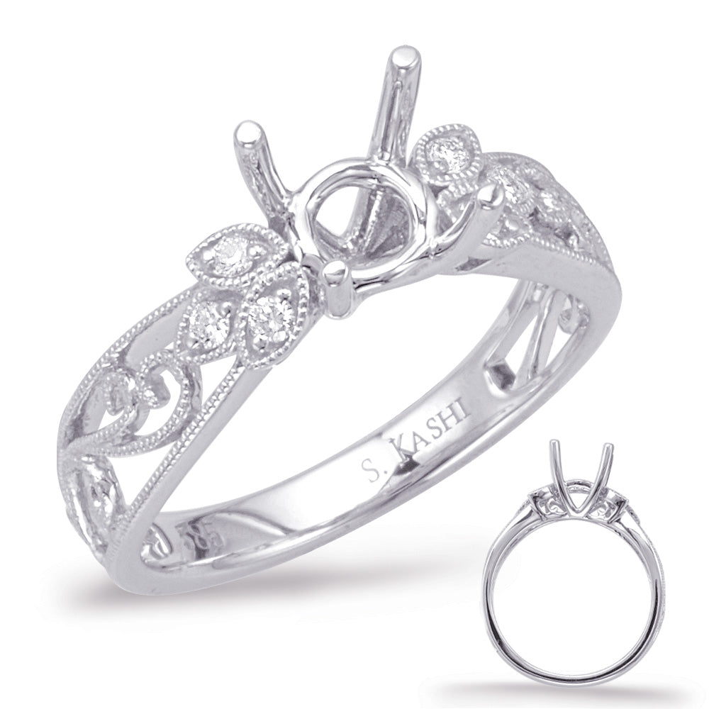 This Engagement Ring  is available in 14K White Gold. There are a total of 6 stones. There are Rounds with a total carat weight of 0.08 set in a Micro Prong setting.