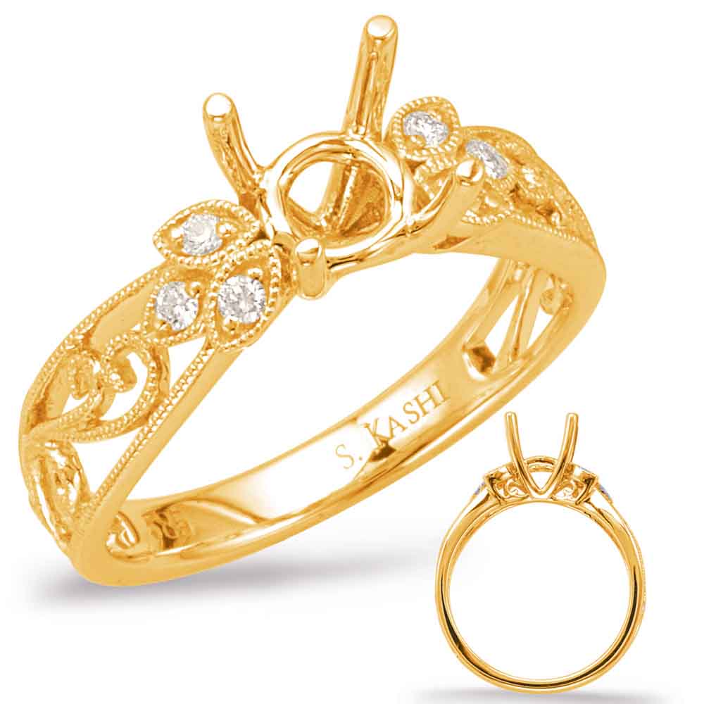 This Engagement Ring  is available in 14K Yellow Gold. There are a total of 6 stones. There are Rounds with a total carat weight of 0.08 set in a Micro Prong setting.